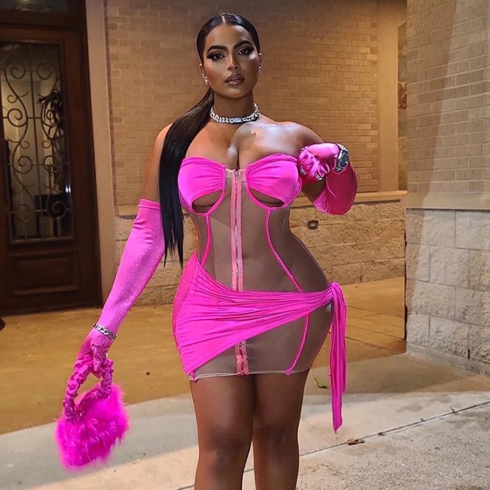 Pink mesh wrapped dress with gloves( never worn)